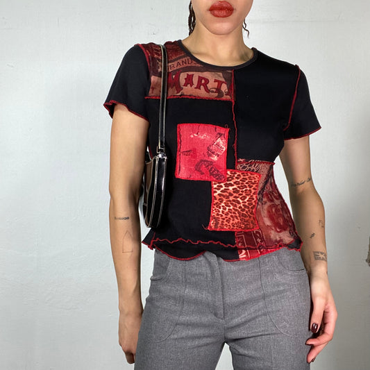 Vintage 2000's Grunge Black and Red Patchwork Shirt with Contrast Stitching (S)