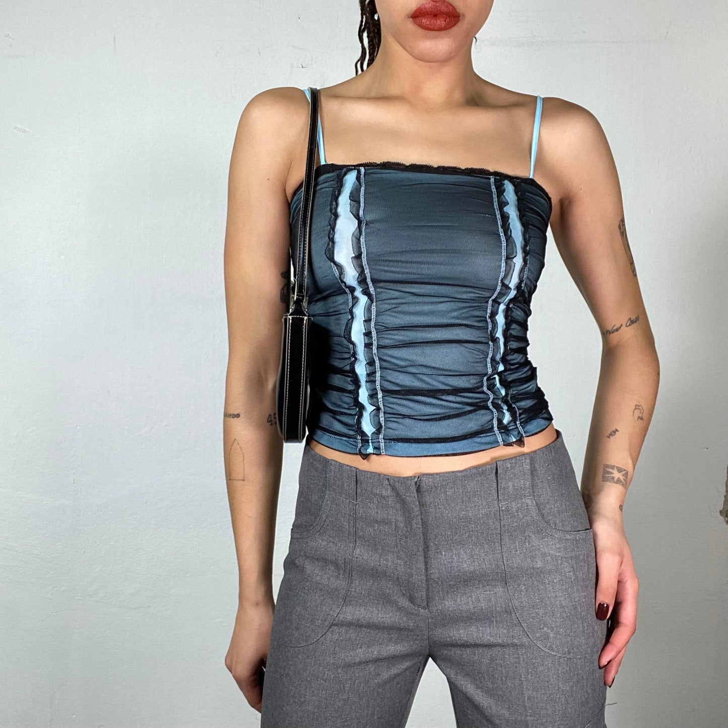 Vintage 2000's Grunge Black and Blue Mesh Cami Top with Ruffle Details (S)