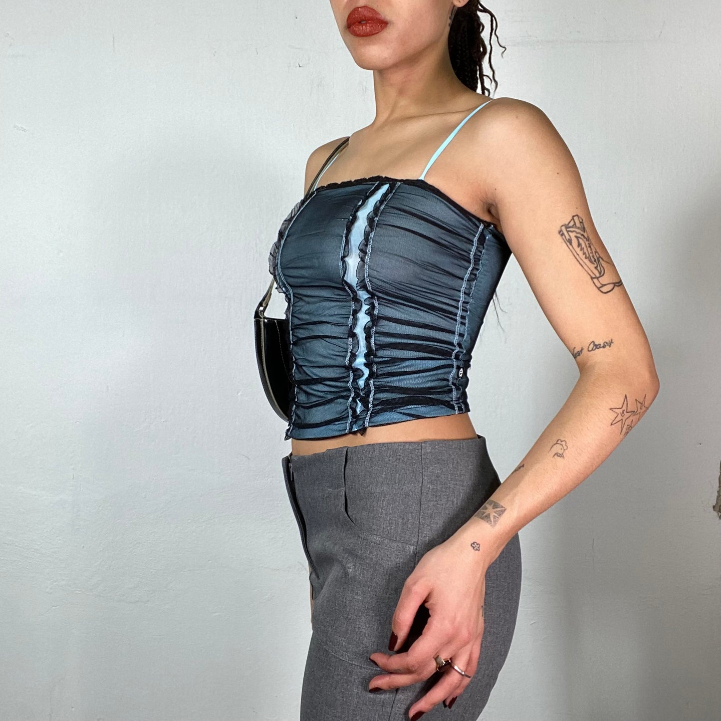 Vintage 2000's Grunge Black and Blue Mesh Cami Top with Ruffle Details (S)