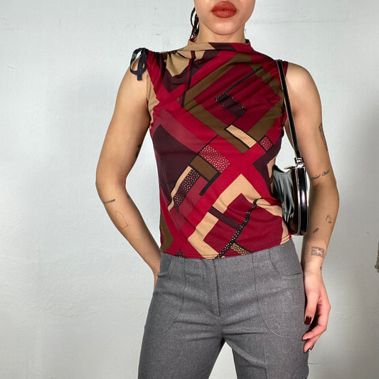 Vintage 90's Funky Red High Neck Top with Geometrical Print (S)