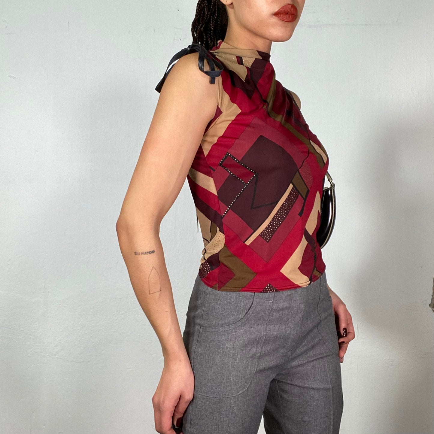 Vintage 90's Funky Red High Neck Top with Geometrical Print (S)