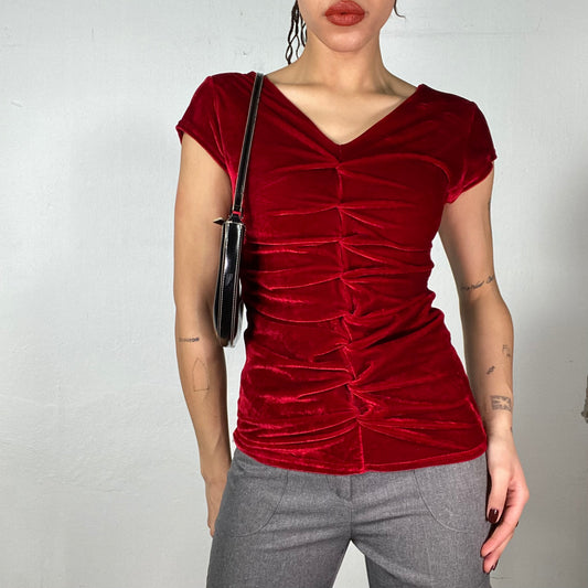 Vintage 90's Romantic Red Velvet Top with Front Ruffle (S)