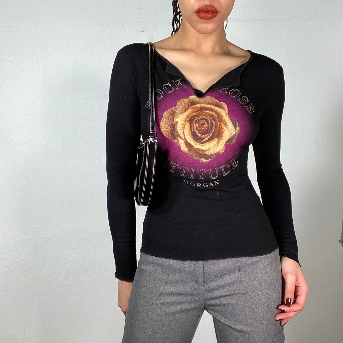 Vintage 2000's Morgan De Toi Black Longsleeve with Rose Print (S)