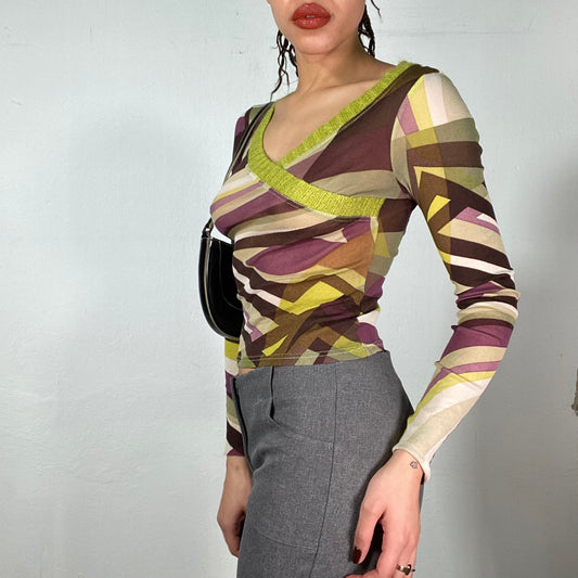 Vintage 90's Funky Brown and Green Striped V-Neck Mesh Longsleeve (S)