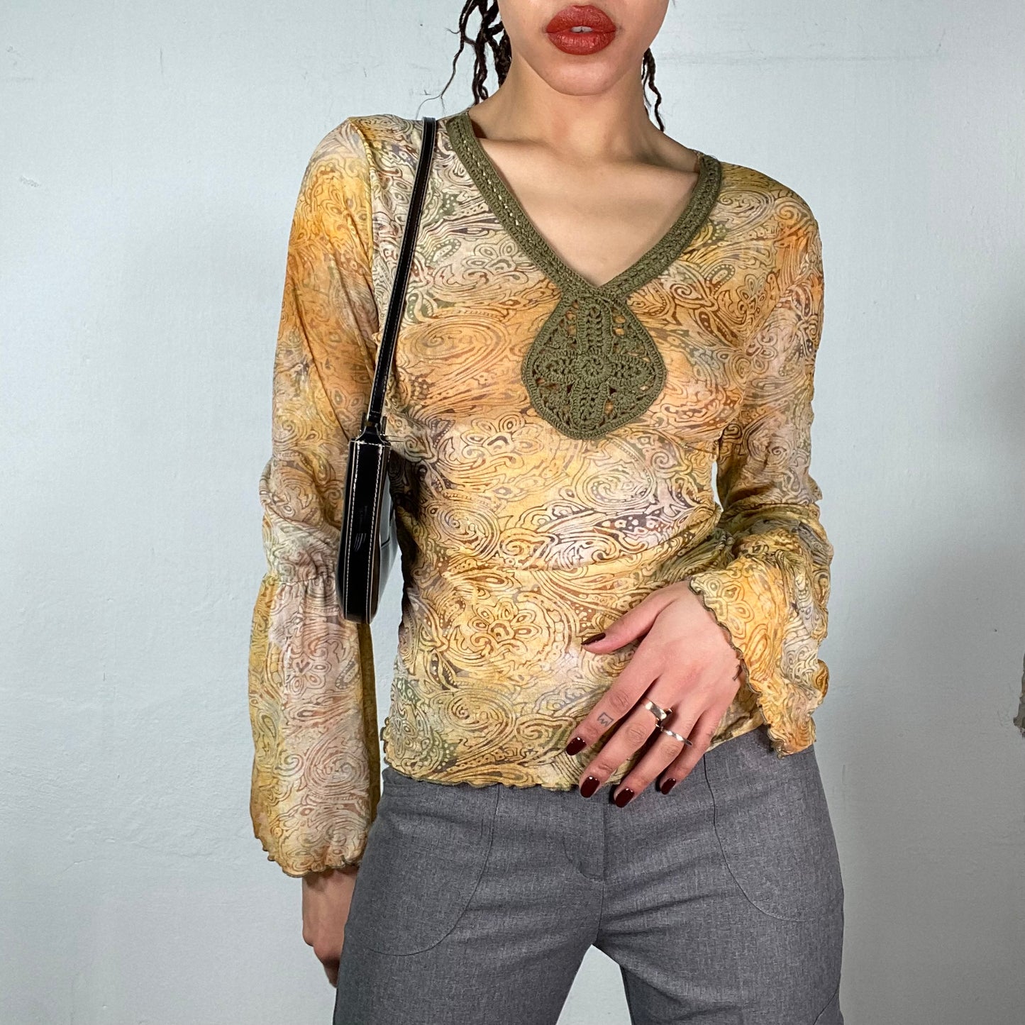 Vintage 2000's Indie Orange Mesh Longsleeve Top with Paisley Pant and Crochet Detail (S)