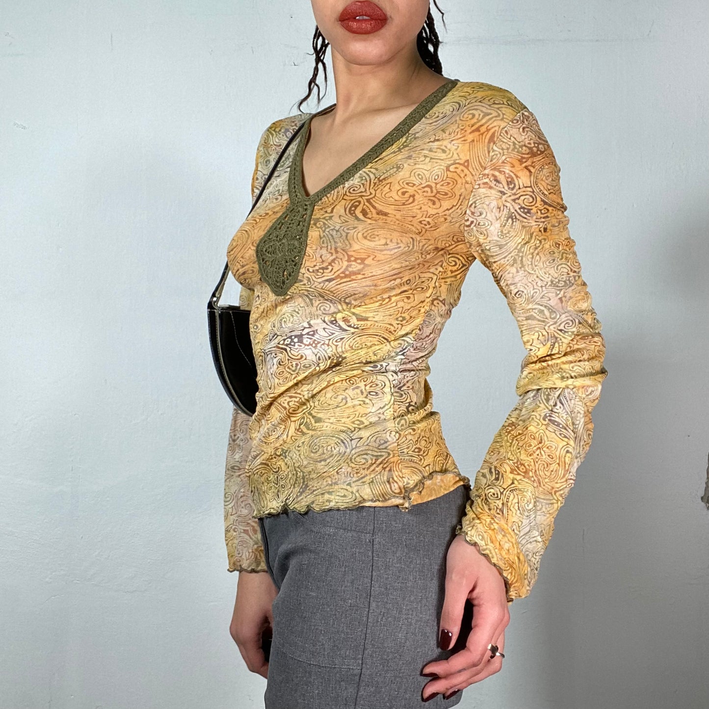 Vintage 2000's Indie Orange Mesh Longsleeve Top with Paisley Pant and Crochet Detail (S)