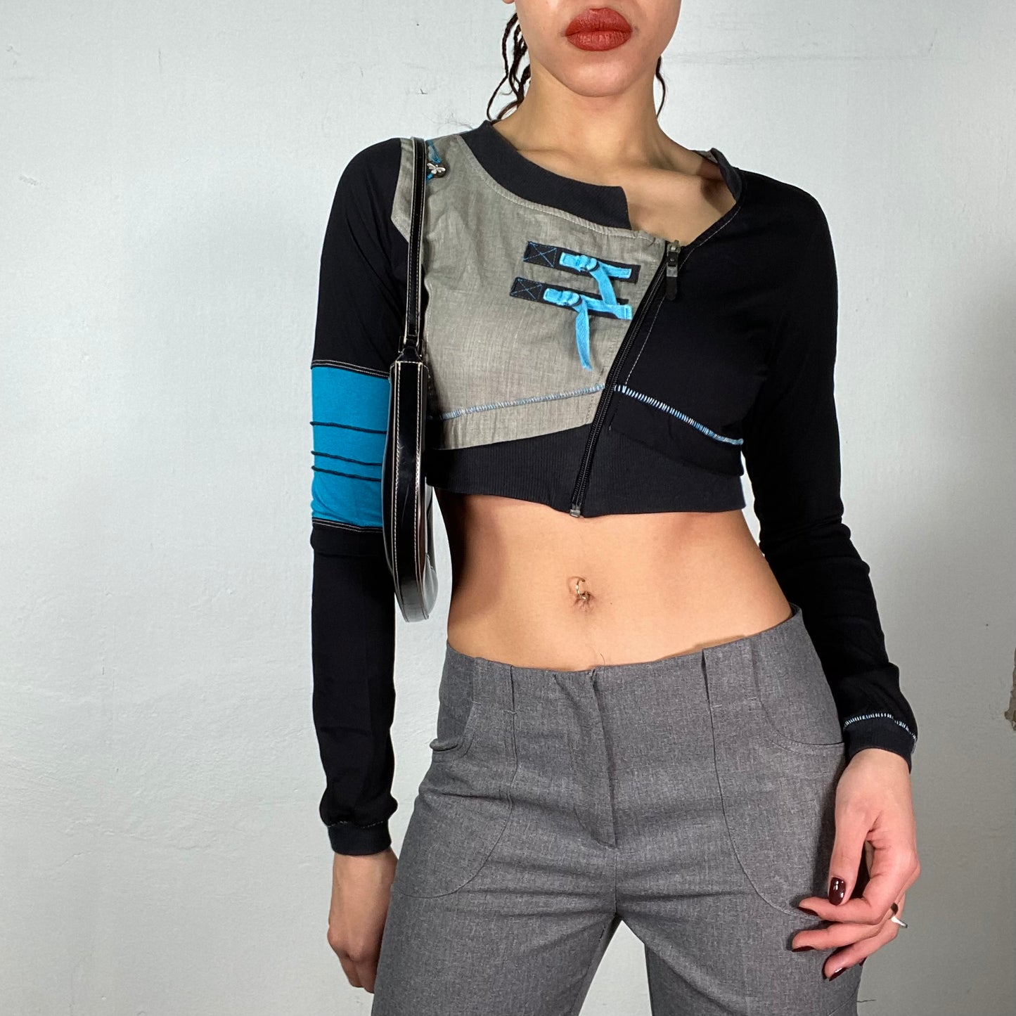 Vintage 2000's Grunge Black Asymmetrical Cropped Light Jacket with Blue Contrast Stitching (S)