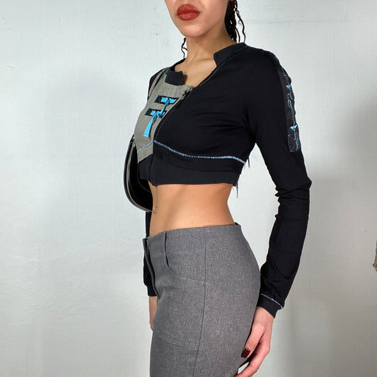 Vintage 2000's Grunge Black Asymmetrical Cropped Light Jacket with Blue Contrast Stitching (S)