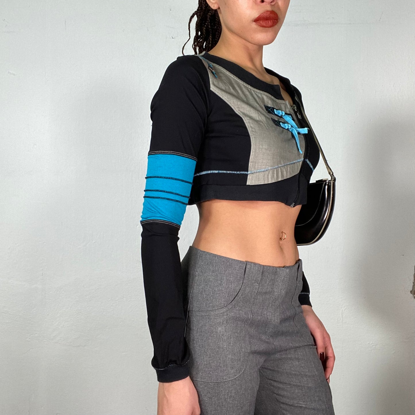 Vintage 2000's Grunge Black Asymmetrical Cropped Light Jacket with Blue Contrast Stitching (S)