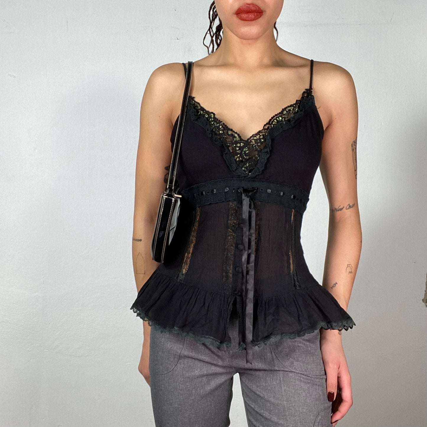 Vintage 2000's Grunge Black Cami Top with Satin Ribbon Details (S)