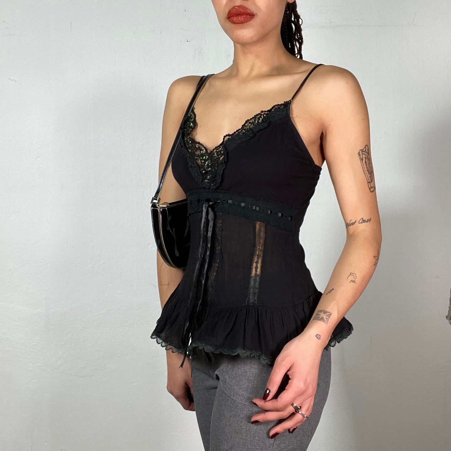 Vintage 2000's Grunge Black Cami Top with Satin Ribbon Details (S)