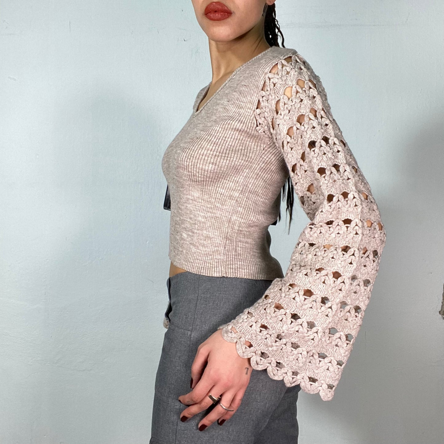 Vintage 90's Fairy Beige Knit Sweater with Crochet Sleeves (S/M)