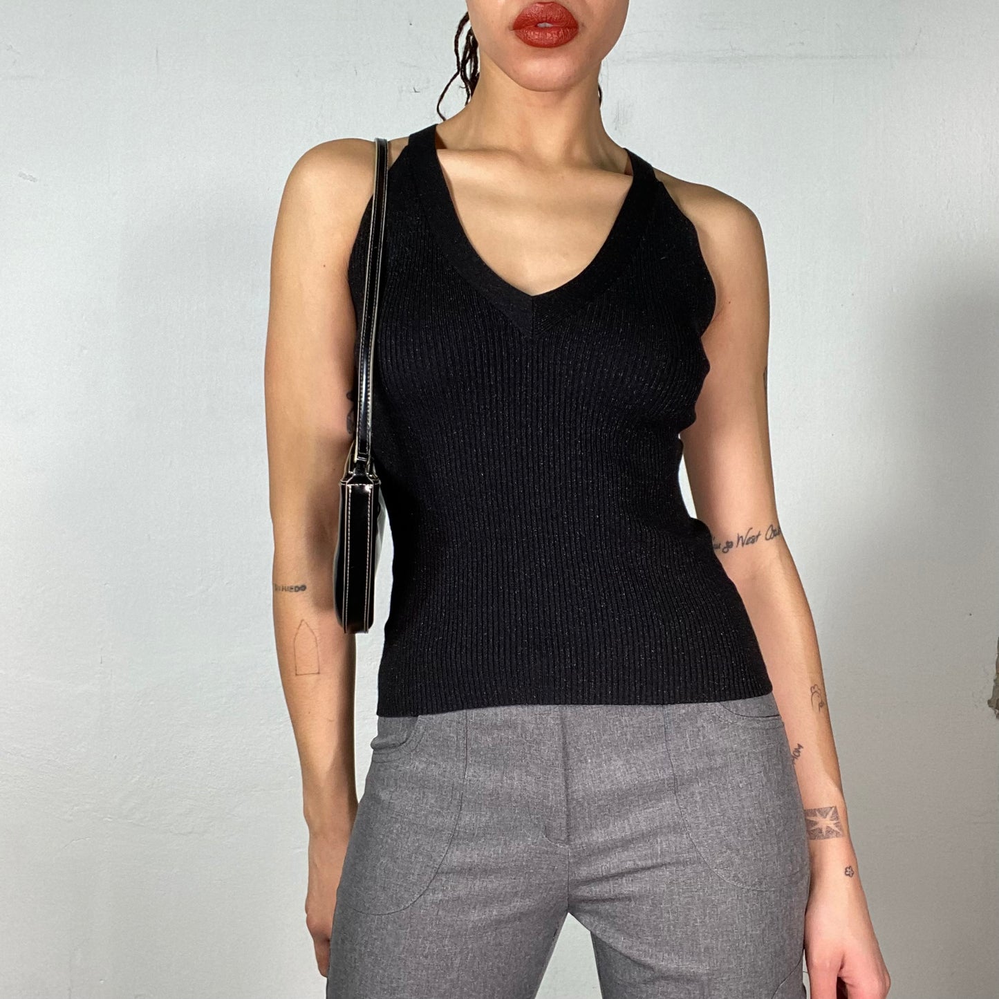 Vintage 2000's Clubwear Black Ribbed Glittery Knit Top (S)