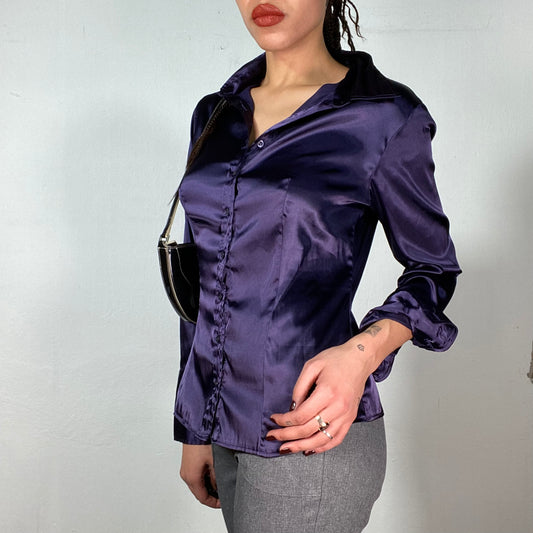 Vintage 2000's Iridecent Purple Silky Button Up Blouse (S/M)