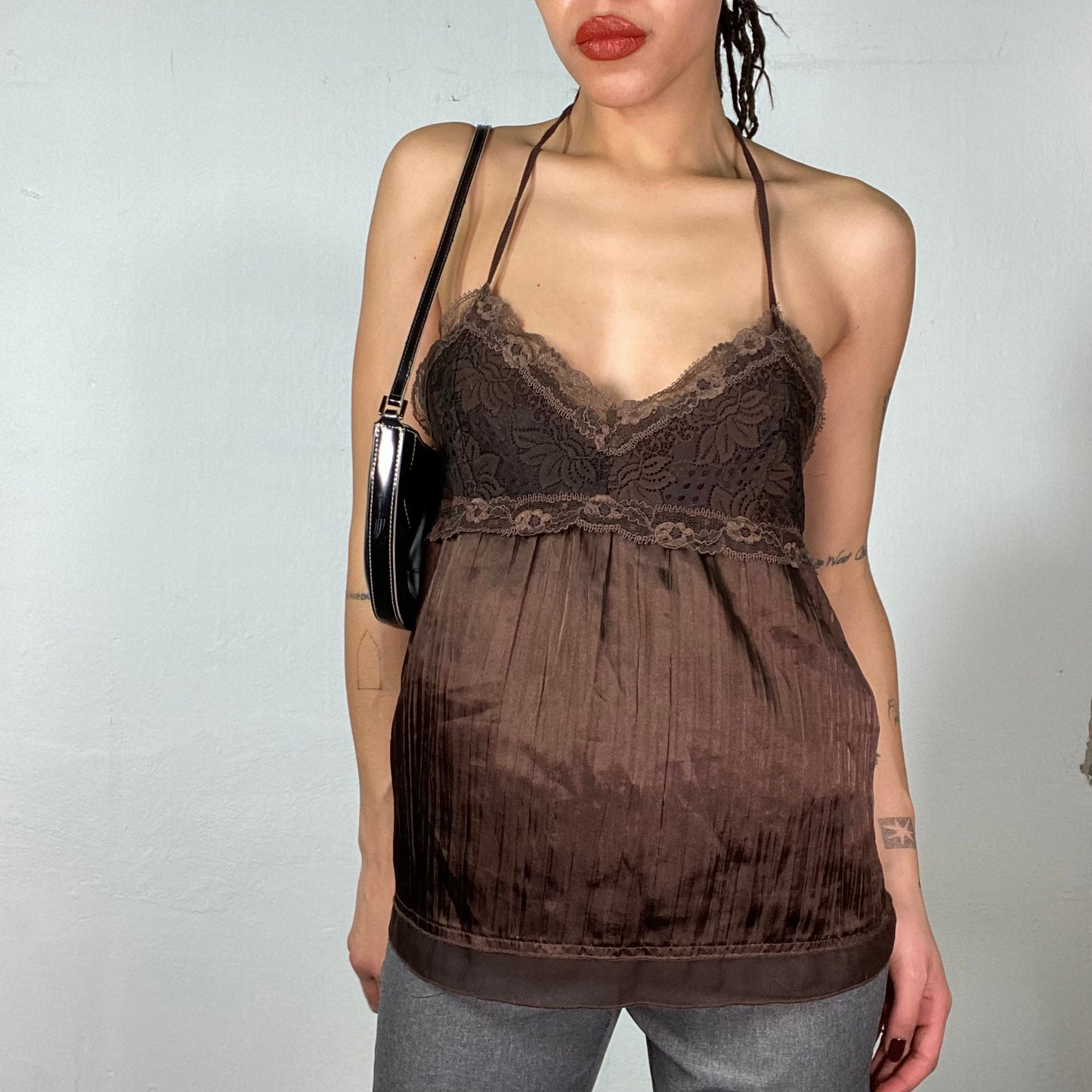 Vintage 2000's Fairy Brown Satin Cami Top with Lace Bust Part (M)