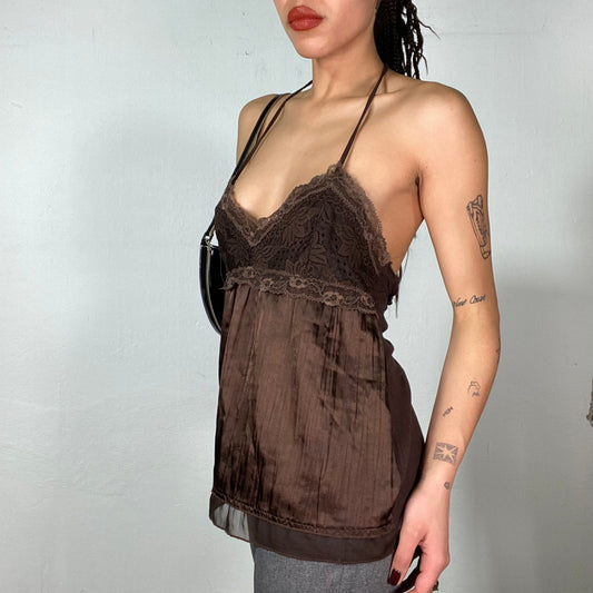 Vintage 2000's Fairy Brown Satin Cami Top with Lace Bust Part (M)