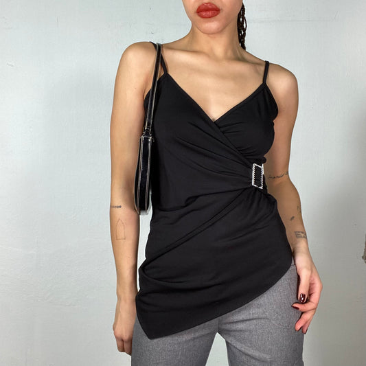 Vintage 2000's Clubwear Black Asymmetrical Top with Buckle Detail (M)