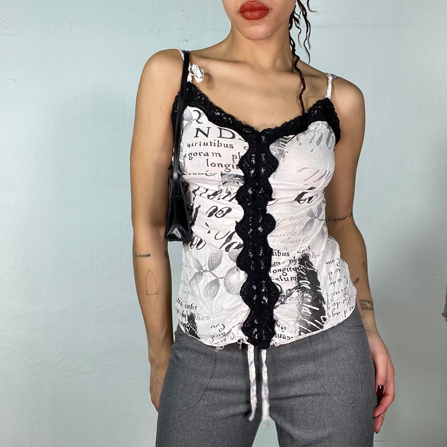 Vintage 2000's Grunge White Cami Top with Black Lace Detail and Writing Print (S)