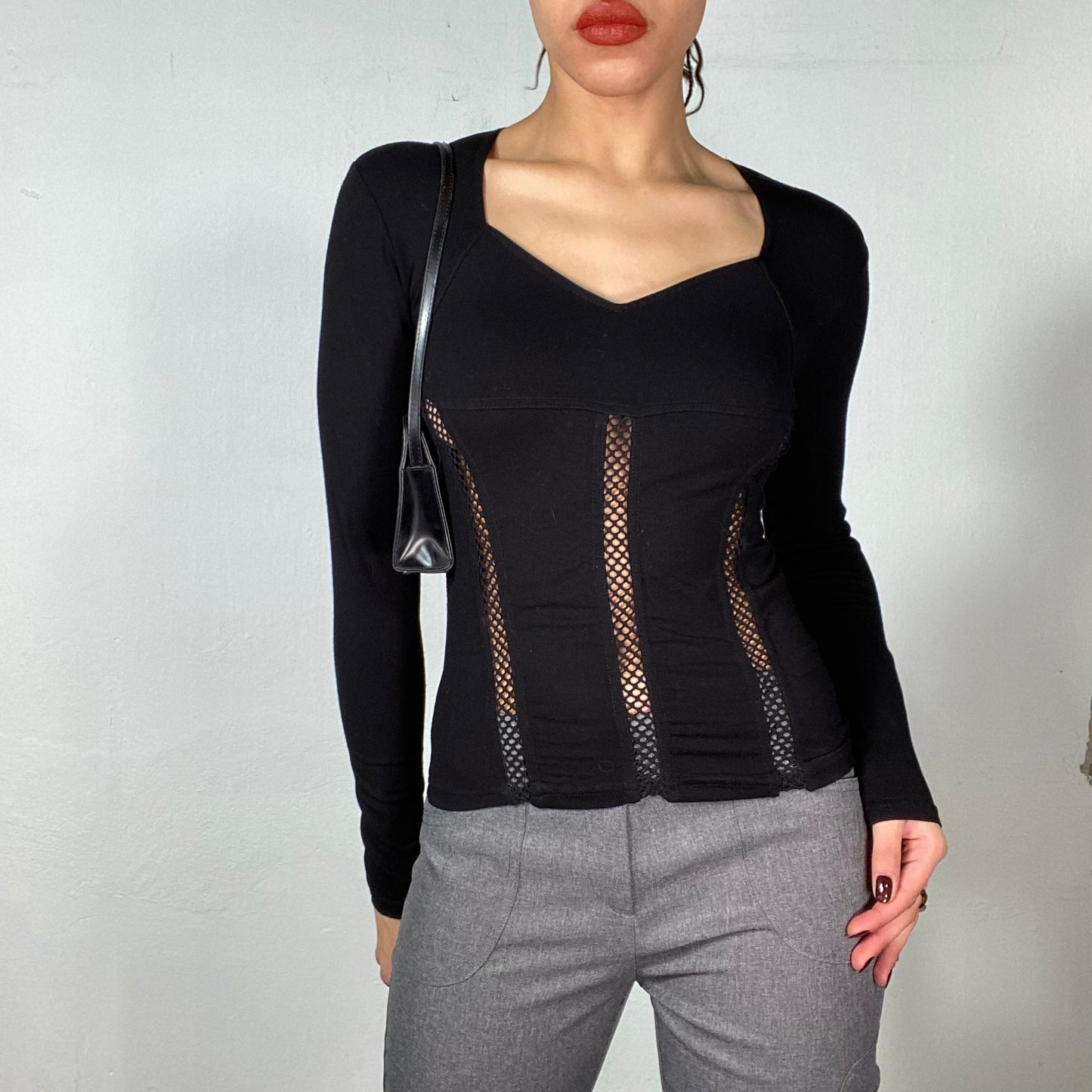 Vintage 90's Grunge Black Longsleeve Top with Net Details (S)