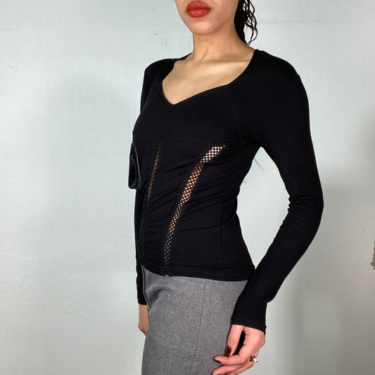 Vintage 90's Grunge Black Longsleeve Top with Net Details (S)