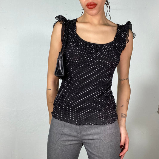 Vintage 2000's Soft Girl Black Mesh Shirt with White Polka Dots (S)