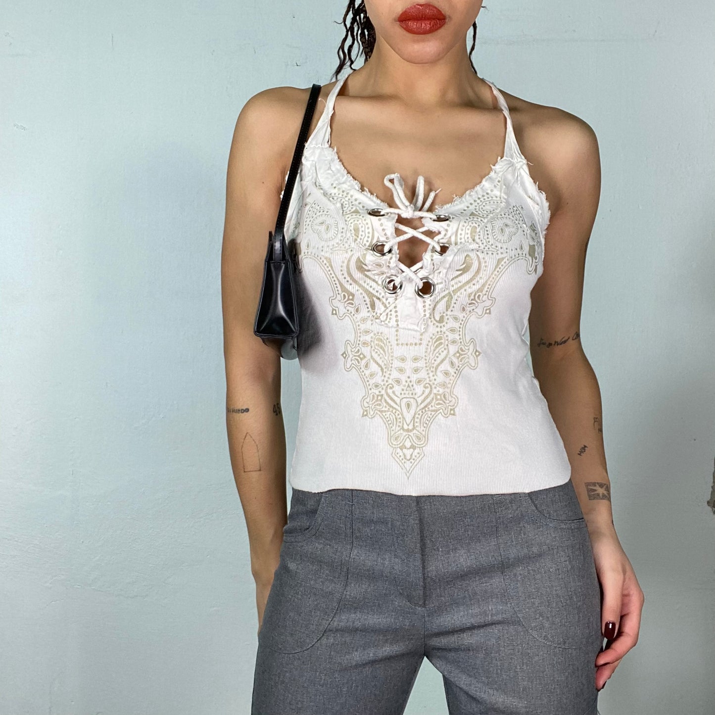 Vintage 2000's Grunge White Ribbed Halter Neck Top with Lace Up Detail (S/M)