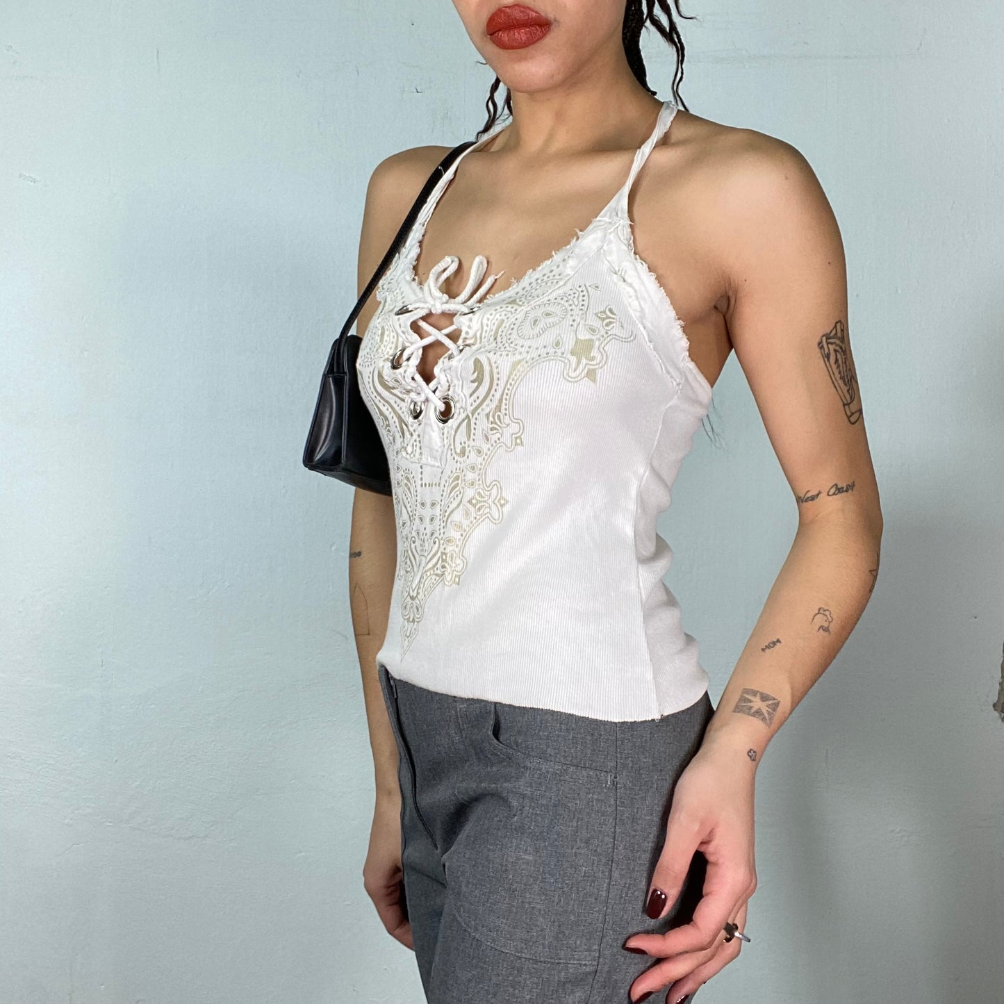 Vintage 2000's Grunge White Ribbed Halter Neck Top with Lace Up Detail (S/M)