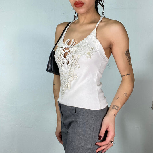 Vintage 2000's Grunge White Ribbed Halter Neck Top with Lace Up Detail (S/M)