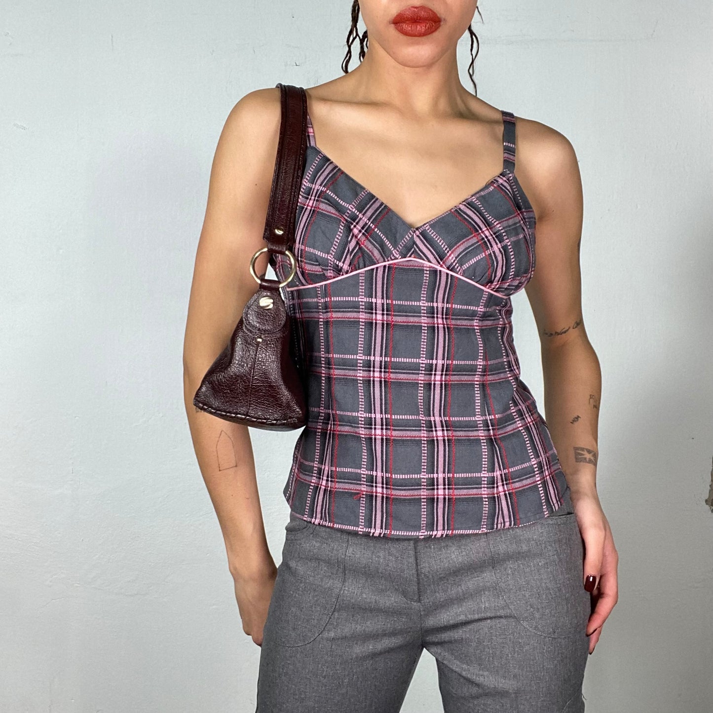 Vintage 2000's Morgan De Toi Grey/Pink Plaid Cami Top (S)