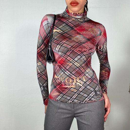 Vintage 2000's Red Plaid Turtleneck with Writing Print (S)