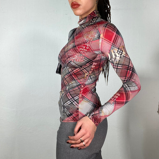 Vintage 2000's Red Plaid Turtleneck with Writing Print (S)