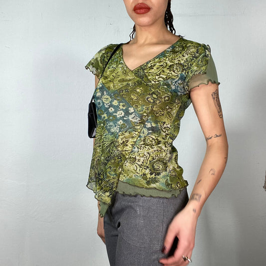 Vintage 2000's Indie Green Asymmetrical Mesh Top with Paisley Print (S)