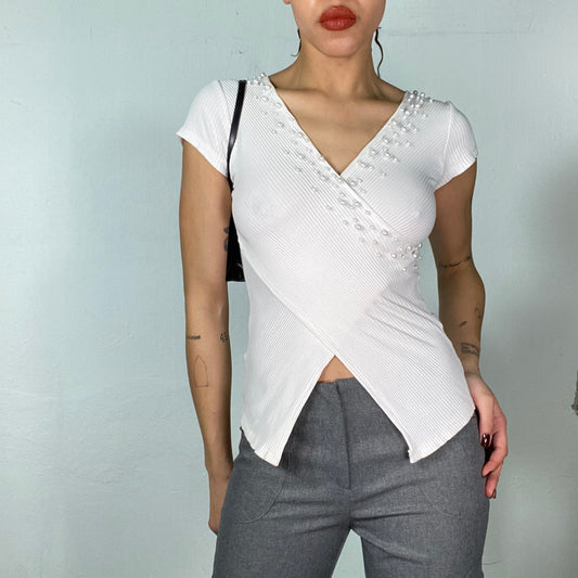 Vintage 2000's Classic White Ribbed Knit Asymmetrical Top with Pearl Details (S/M)