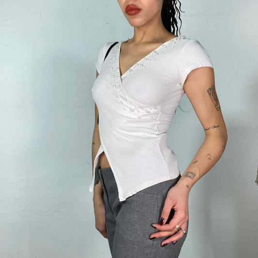 Vintage 2000's Classic White Ribbed Knit Asymmetrical Top with Pearl Details (S/M)