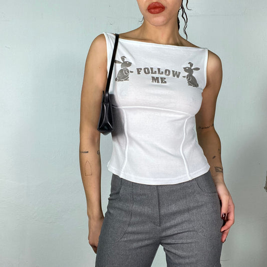 Vintage 2000's Skater White Tanktop with Silver 'Follow me' and Bunnies Print (S/M)