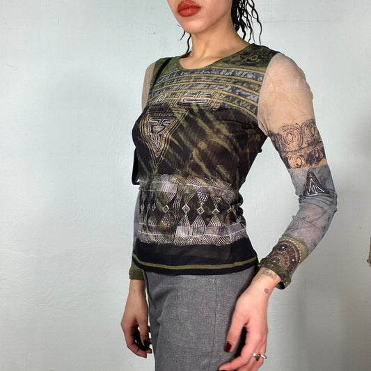 Vintage 2000's Indie Black and Green Mesh Longsleeve with Line Print (S)