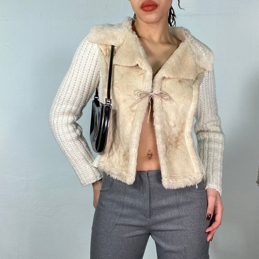 Vintage 2000's Grunge Creme White Knit Cardigan with Faux Fur and Suede Collar (S)