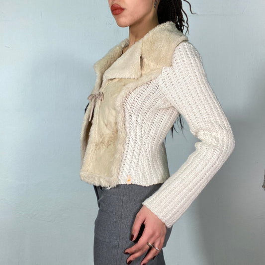 Vintage 2000's Grunge Creme White Knit Cardigan with Faux Fur and Suede Collar (S)