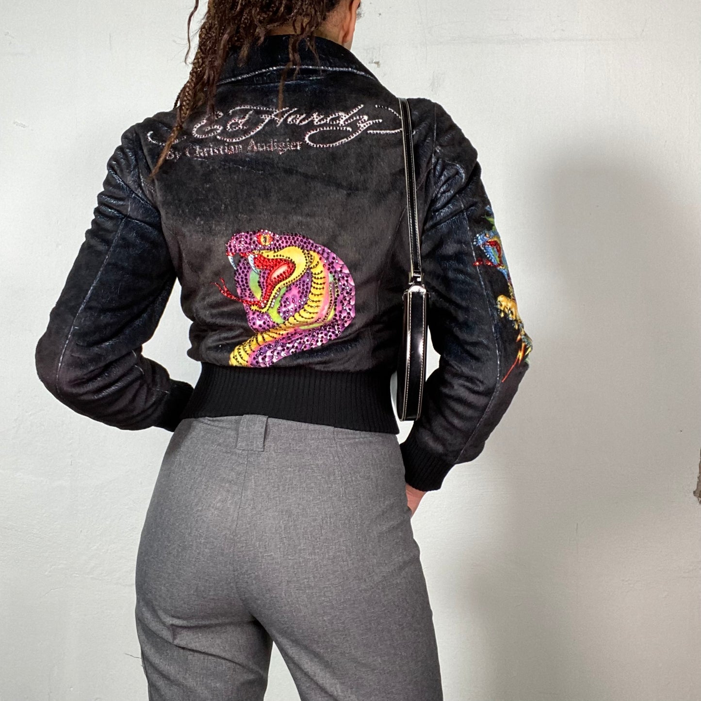 Vintage 2000's Ed Hardy Zip Up Sweater Jacket with Rhinestones and Skull Print (XS/S)