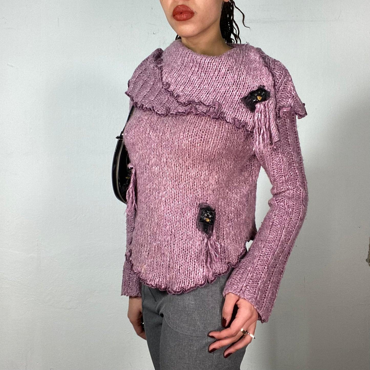 Vintage 90's Fairy Pink Knit Sweater with Chinky Collar and Flower Details (S/M)