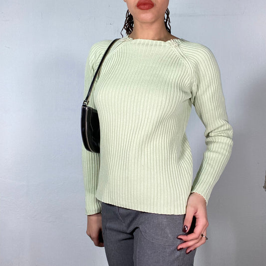 Vintage 90's Downtown Girl Green Ribbed Knit Sweater with Dual Collar Zip Detail (S)