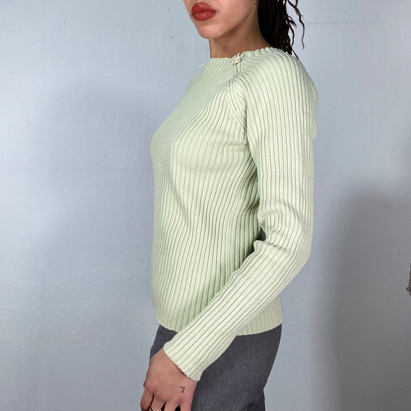 Vintage 90's Downtown Girl Green Ribbed Knit Sweater with Dual Collar Zip Detail (S)