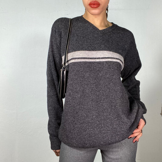 Vintage 90's Dad Dark Grey V-Neck Knit Sweater with White Stripe (M/L)