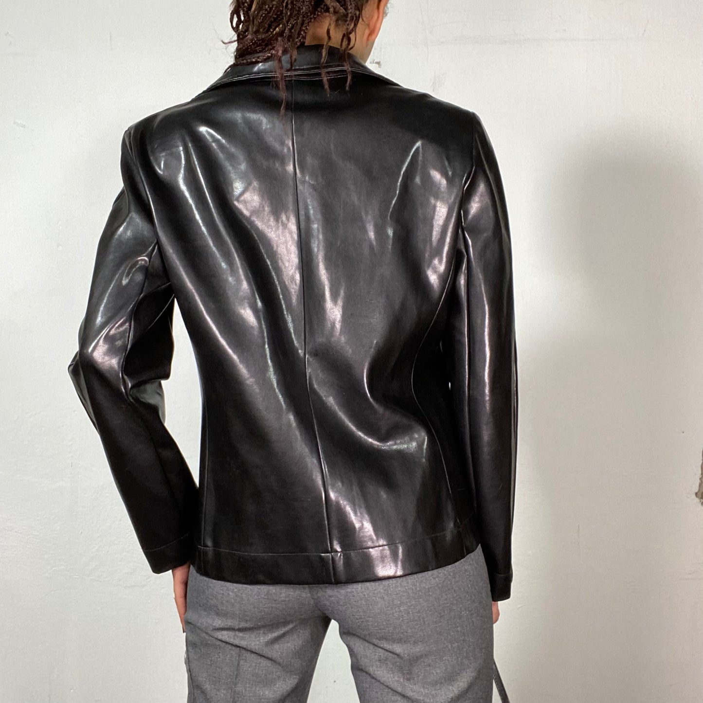 Vintage 90's Cyber Black Classic Faux Leather Blazer (S/M)