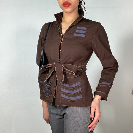 Vintage 2000's Grunge Brown Denim Jacket with Hook and Eye Closing and Waist Belt (S)