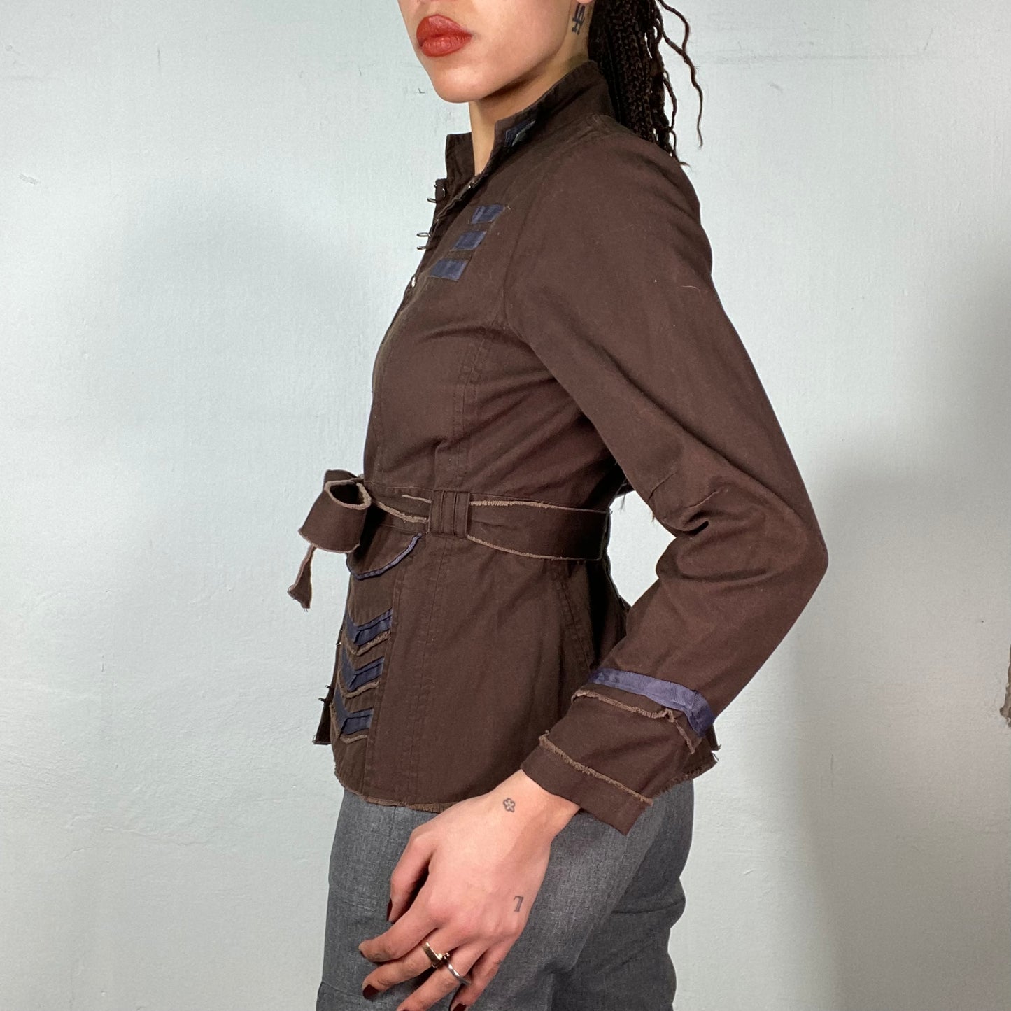 Vintage 2000's Grunge Brown Denim Jacket with Hook and Eye Closing and Waist Belt (S)