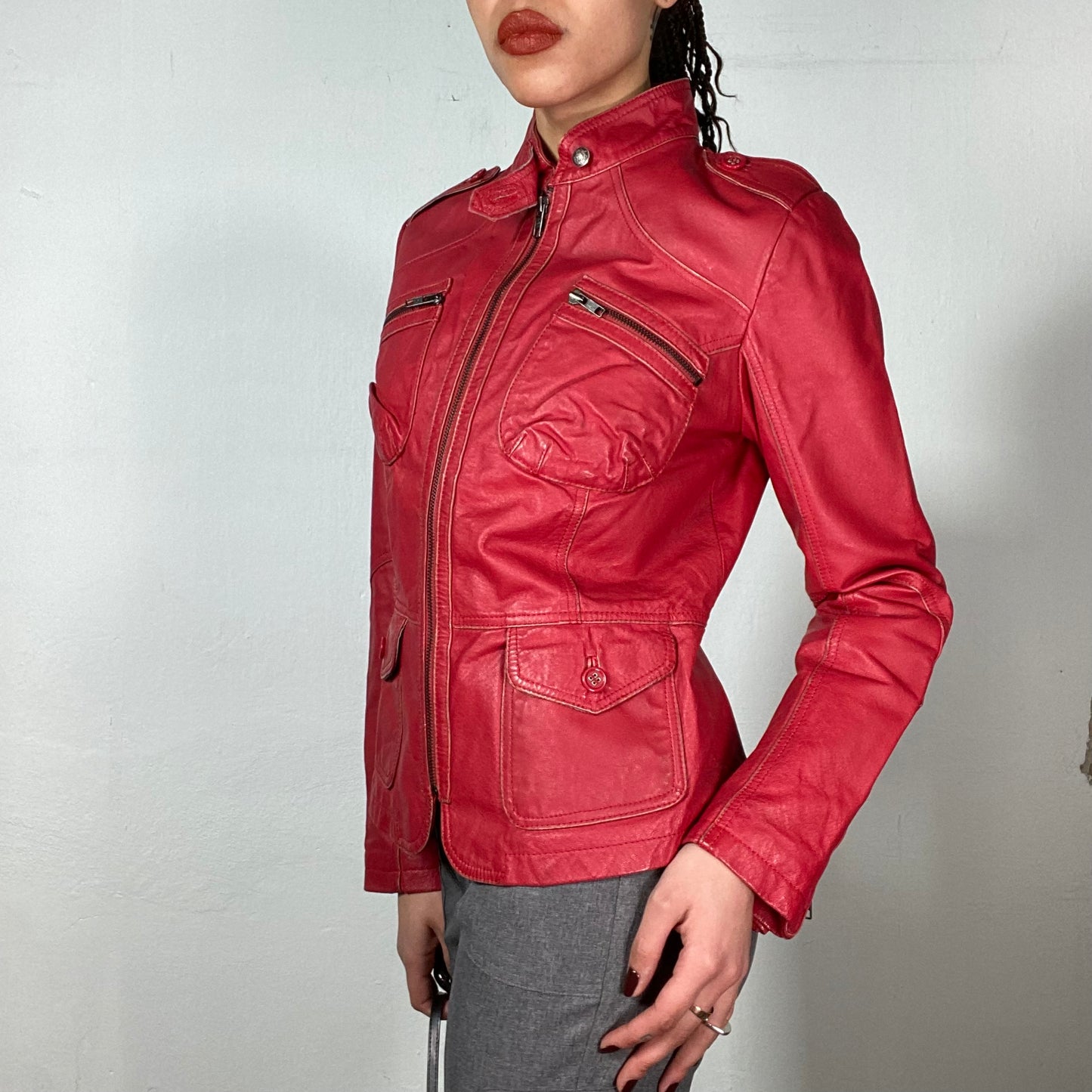 Vintage 2000's Racer Red Fitted Leather Jacket (S/M)