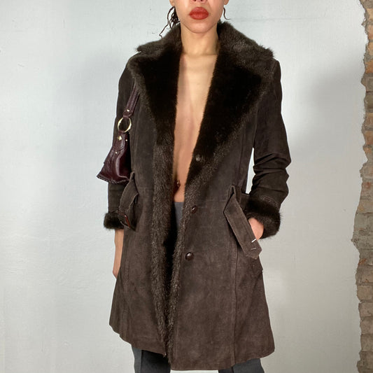 Vintage 2000's Grunge Brown Suede Afghan Coat with Waist Belt (S/M)