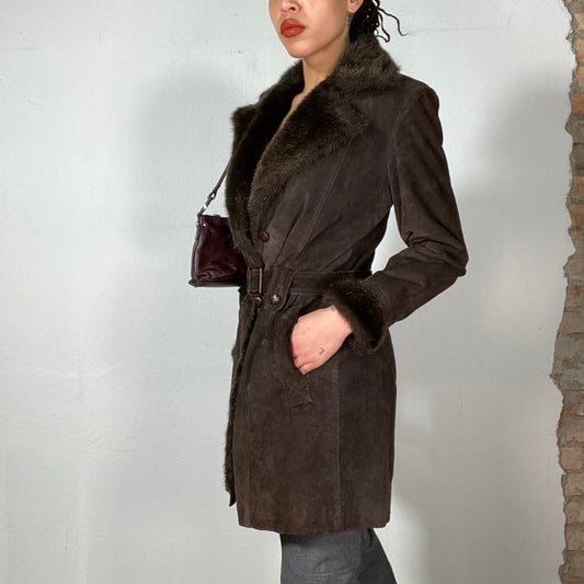 Vintage 2000's Grunge Brown Suede Afghan Coat with Waist Belt (S/M)