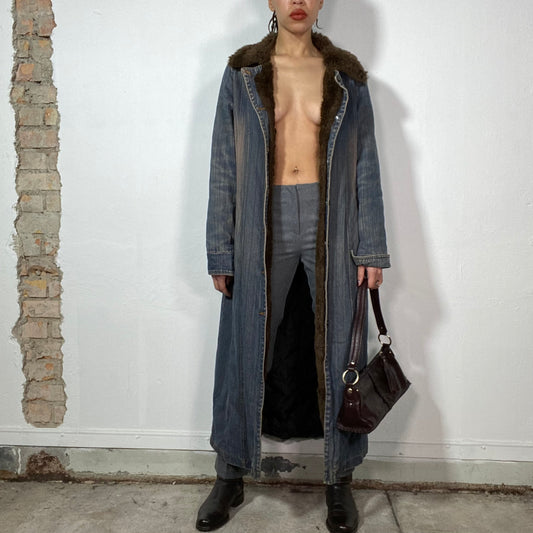 Vintage 2000's Grunge Denim Maxi Coat with Brown Faux Fur Collar (S/M)